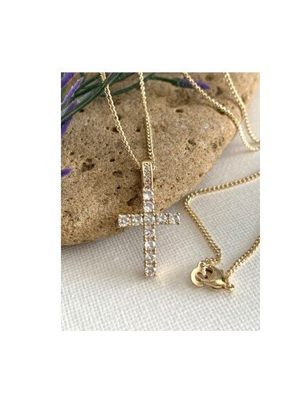 Cute Gold Cross, 18KT Gold Filled Cross Pendant, Clear CZ Stone Cross Necklace, Classy Ladies Cross Jewelry, Wedding and Bridal Jewelry