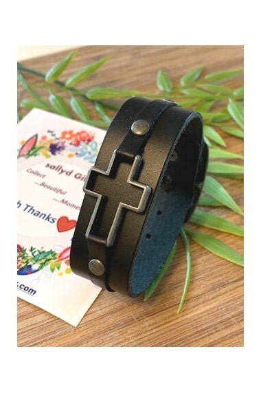 Mens Leather Bracelet, Genuine Leather Cross Bracelet, Wristband for Adults, Cross Gifts for Him, Graduation Gift, Christian Giftware