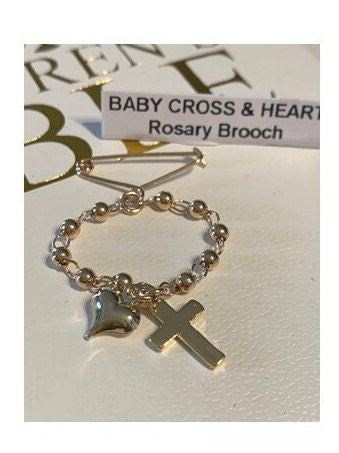 Gold Baby Brooch, Mini Lapel Pin For Children, Kids Rosary, Children's Brooch, 18KT Gold Filled Kids Rosary, Children's Cross and Heart
