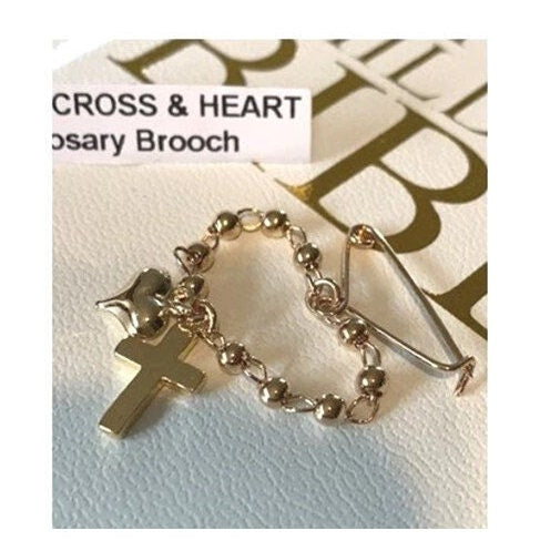 Gold Baby Brooch, Mini Lapel Pin For Children, Kids Rosary, Children's Brooch, 18KT Gold Filled Kids Rosary, Children's Cross and Heart