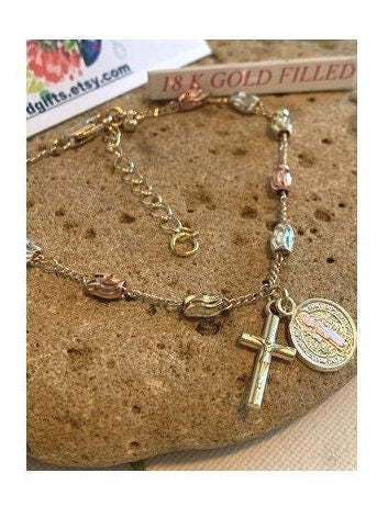 Dainty St Benedict Gold Filled Bracelet, Cute 18KT Gold Filled Bracelet Crucifix Medal, Ladies Gold St Benedict and Cross, Rosary Bracelet