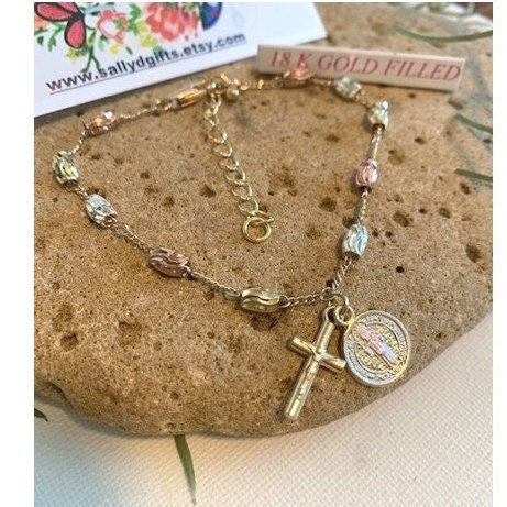 Dainty St Benedict Gold Filled Bracelet, Cute 18KT Gold Filled Bracelet Crucifix Medal, Ladies Gold St Benedict and Cross, Rosary Bracelet