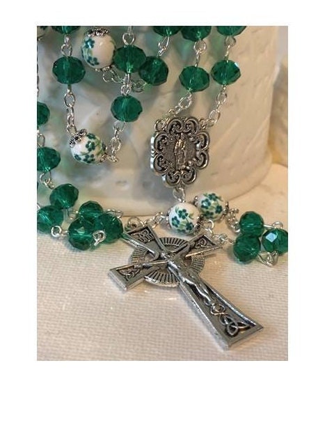 Celtic Rosary, Green Catholic Prayer Beads, Celtic Irish Rosary, St Patrick's Rosary, Irish Prayer Beads, Floral Ceramic and Glass Beads