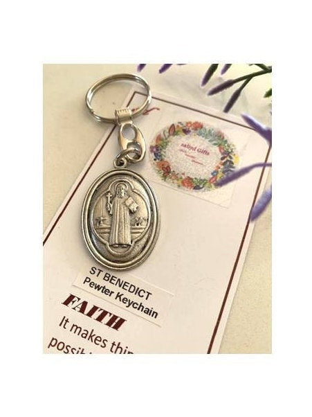 St Benedict Pewter Keyring, Saint Benedict Keychain, Car and Automobile Gifts, Religious Gifts for All, Double sided Religious Medal