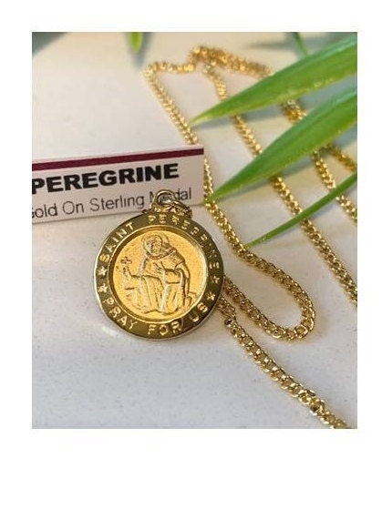 St Peregrine Medal, 18KT Gold Plated Saint Peregrine, Healing Saint , Patron of Cancer Patients, Ladies and Mens Catholic Sterling Medal