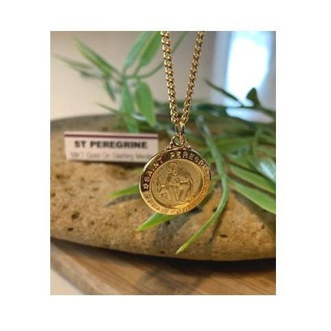 St Peregrine Medal, 18KT Gold Plated Saint Peregrine, Healing Saint , Patron of Cancer Patients, Ladies and Mens Catholic Sterling Medal