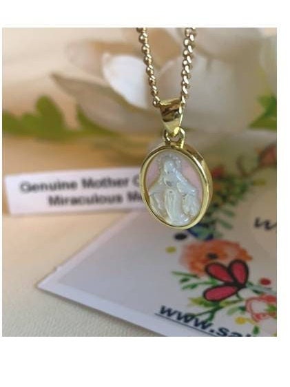 Dainty Genuine Mother Of Pearl Necklace, Small Miraculous Medal Pendant, Carved Miraculous Medal Jewelry, 18KT Gold Filled Virgin Mary
