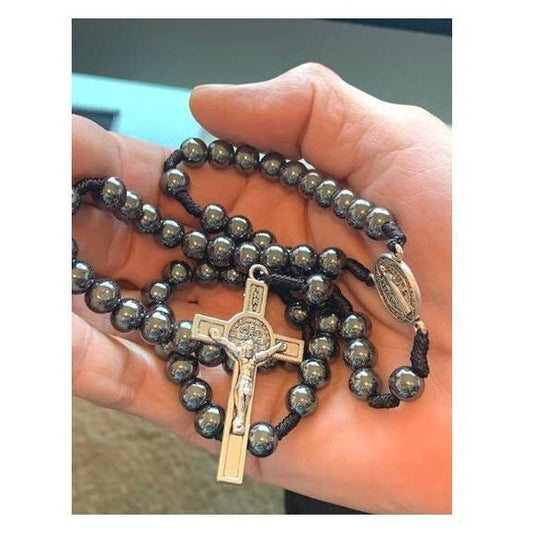 Strong Cord St Benedict Rosary, Big Hematite Beads Rosary, Black string Saint Benedict Rosary, Heavy Prayer Beads, men’s Catholic Gift