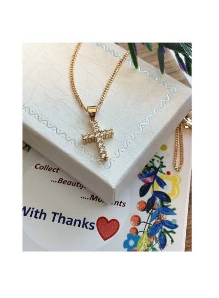 Cute Gold Stone Cross, Tiny 18KT Gold Filled Cross Pendant, Ladies and Girls Cross Jewelry, Clear Zirconium Gold Necklace, Sweet Bridal Gift