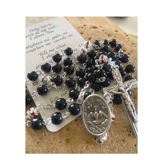 Holy Spirit Rosary, Black Rosary with Holy Spirit Medal, Boys Confirmation Rosary, Holy Spirit Prayer Card, Venetian Glass Rosary