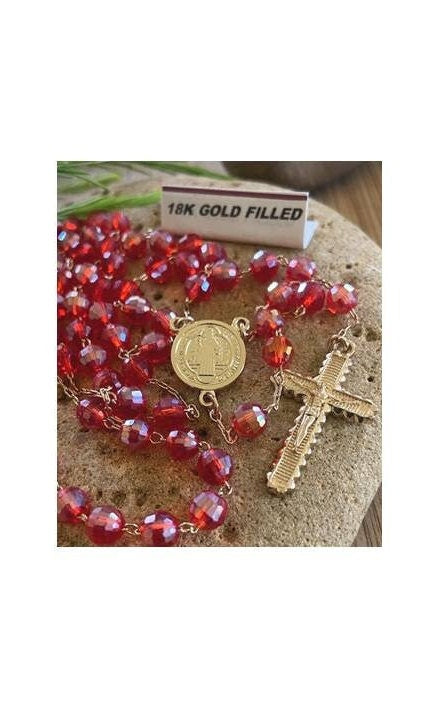 St Benedict Stone Rosary, Gold Filled St Benito Rosary, Ruby Stone Rosary Chain, Gold Link Red Stone Rosary, Rosary for Protection