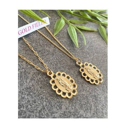 Gold Virgin Mary Necklace, Gold Filled Our Lady of Guadalupe Necklace, 18KT Gold Filled Feminine Guadalupe Jewelry,Motherhood Saint Jewelry