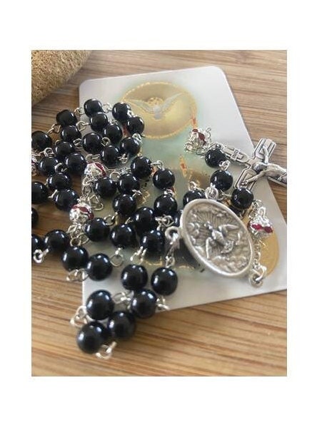 Holy Spirit Rosary, Black Rosary with Holy Spirit Medal, Boys Confirmation Rosary, Holy Spirit Prayer Card, Venetian Glass Rosary