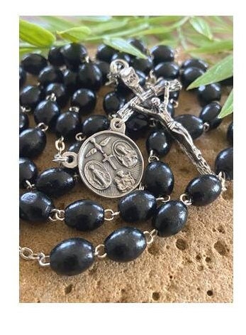 Black Wood Rosary, Long Catholic Wood Rosary, 4 Way Medal Rosary, Father,Son & Holy Spirit Medal, Papal Crucifix , Long Prayer Beads for Men