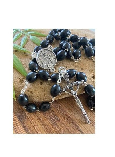 Black Wood Rosary, Long Catholic Wood Rosary, 4 Way Medal Rosary, Father,Son & Holy Spirit Medal, Papal Crucifix , Long Prayer Beads for Men