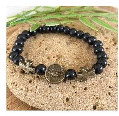 St Michael Wood Bracelet, Elastic Black Wood St Michael Bracelet, Men's St Michael Wristband, Stretchy Black Religious Bracelet