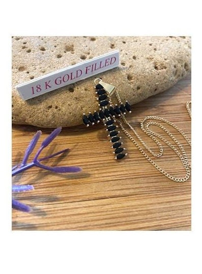 Black Cross Necklace, 18KT Gold Filled Cross Pendant,Jet Cubic Zirconium Cross Necklace, Ladies Crystal Jewelry, Chunky Big Cross for Ladies