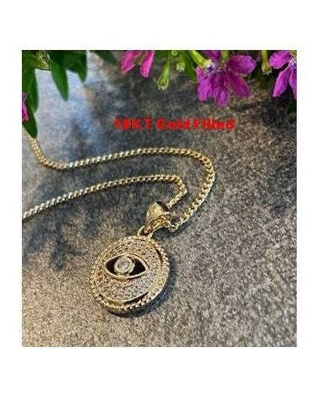 Gold Filled Dainty Lucky Eye Necklace, Gold Coin Lucky Eye Necklace, Evil Eye with Clear CZ Stone Pendant, Cute and Feminine Lucky Eye Medal