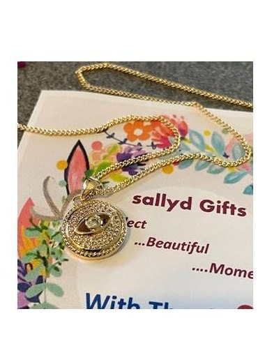 Gold Filled Dainty Lucky Eye Necklace, Gold Coin Lucky Eye Necklace, Evil Eye with Clear CZ Stone Pendant, Cute and Feminine Lucky Eye Medal