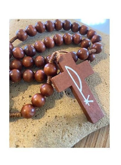 Chi Rho Wooden Rosary, Corded Wood Rosary, Brown Wood Prayer Beads, Christian Symbol, Men's Rosary, Everyday Rosary, Students & School gift