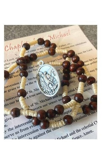 Saint Michael Chaplet, St Michael Arcangel Wood Chaplet, Special Prayer Beads, How to Pray The Chaplet Card, Natural Wood Corded Rosary