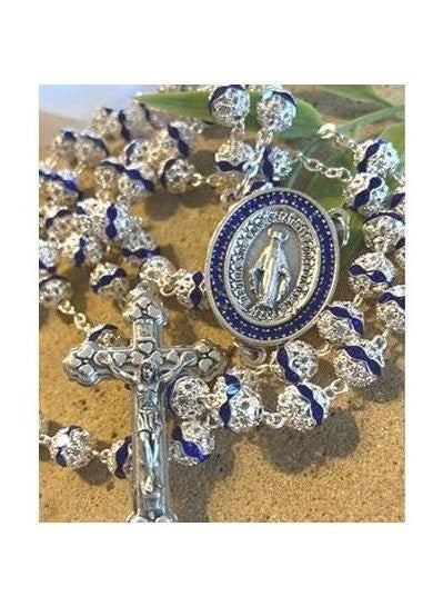 Venetian Glass Blue Rosary, Immaculate Conception Medal, Our Lady of Grace Rosary,Special Blue Rosary for Mothers,Sapphire Mary Centerpiece