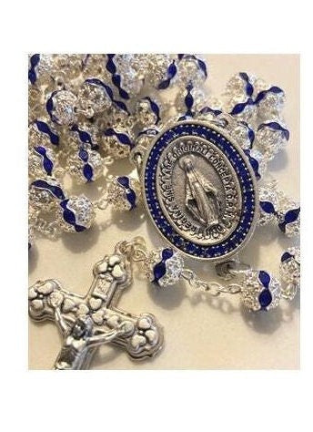 Venetian Glass Blue Rosary, Immaculate Conception Medal, Our Lady of Grace Rosary,Special Blue Rosary for Mothers,Sapphire Mary Centerpiece
