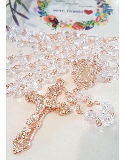 Rose Gold Rosary/Crystal Rosary with Rose Gold Link/ Rose Gold Crucifix and Rose Gold Link Rosary/Crystal Wedding and Bridal Rosary
