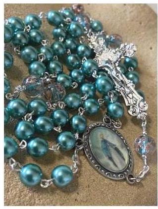 Murano Venetian and Pearl Beads Our Lady of Grace Rosary, Catholic Rosary, Virgin Mary Prayer Beads, Teal and Rose Gold Italian Glass Beads