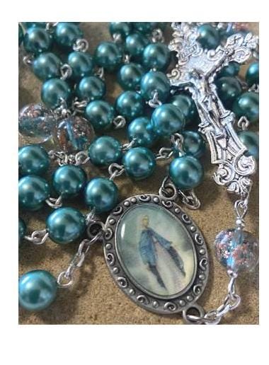 Murano Venetian and Pearl Beads Our Lady of Grace Rosary, Catholic Rosary, Virgin Mary Prayer Beads, Teal and Rose Gold Italian Glass Beads