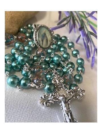 Murano Venetian and Pearl Beads Our Lady of Grace Rosary, Catholic Rosary, Virgin Mary Prayer Beads, Teal and Rose Gold Italian Glass Beads