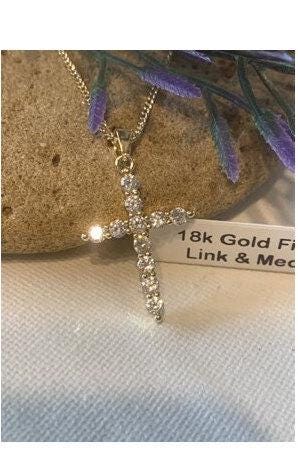 Simple Classy Gold Filled CZ Cross, Cubic Zirconia Clear Gold Filled Necklace, Ladies Crystal Cross Pendant, 18 KT Gold Filled Paved Cross