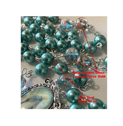Murano Venetian and Pearl Beads Our Lady of Grace Rosary, Catholic Rosary, Virgin Mary Prayer Beads, Teal and Rose Gold Italian Glass Beads