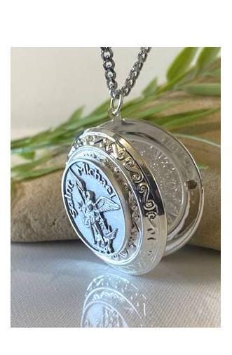 Large Saint Michael Locket for Men,Extra Large St Michael Locket Medal, Adults Size Archangel Locket, Stainless Steel and Pewter St Michael